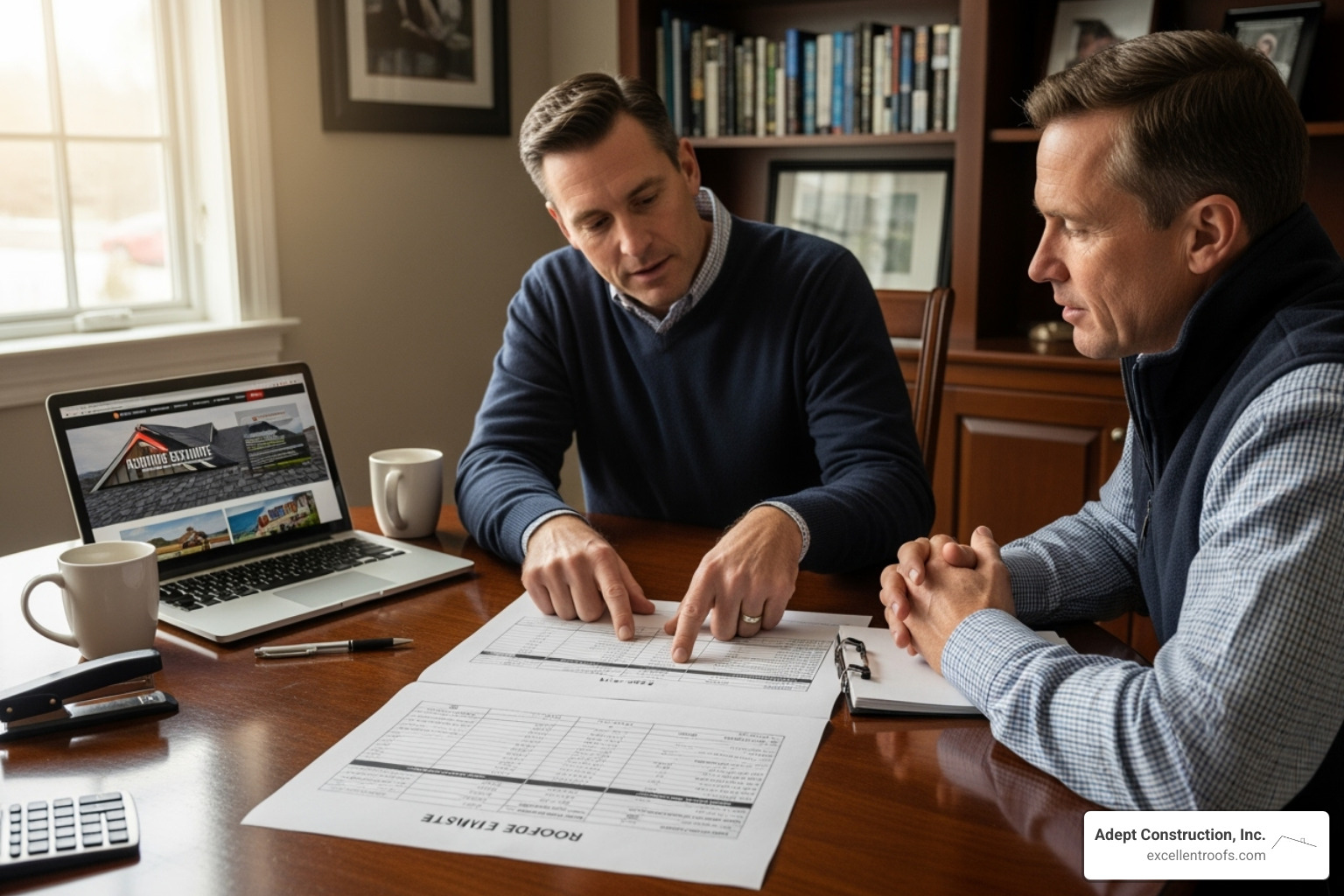 Homeowner reviewing a detailed roofing estimate with a contractor, pointing to specific line items - residential roofing downers grove