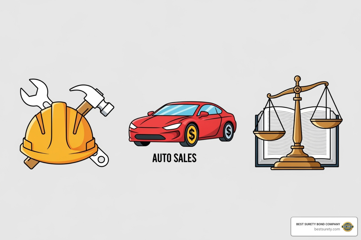 Icons for construction, auto sales, and legal services - what does it mean to be bonded