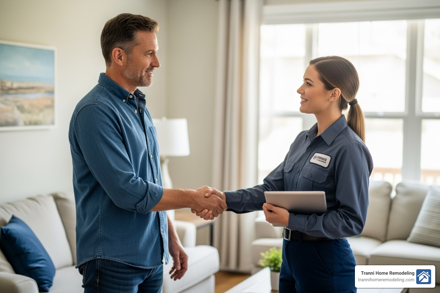 homeowner shaking hands with a professional HVAC technician - furnace installer near me