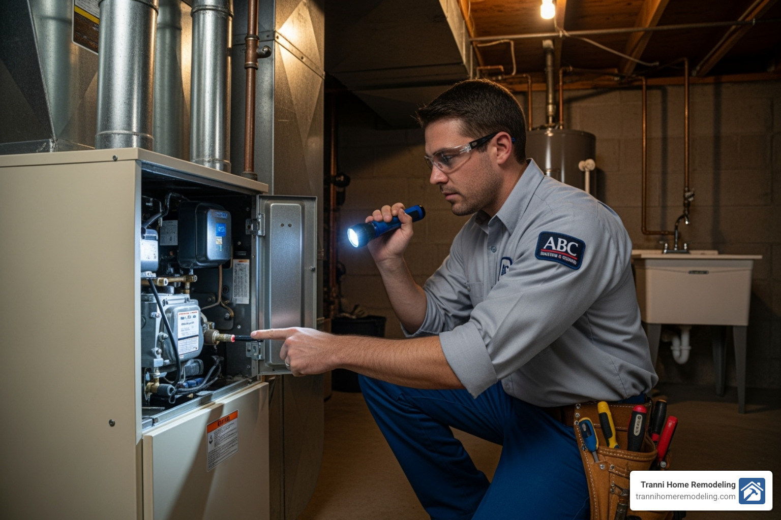 technician inspecting a furnace - furnace installer near me