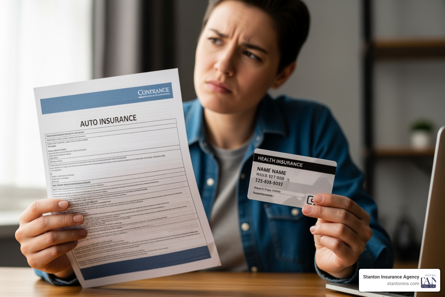 Person looking confused while comparing an auto insurance policy and a health insurance card. - do you need uninsured motorist coverage Person looking confused while comparing an auto insurance policy and a health insurance card. - do you need uninsured motorist coverage