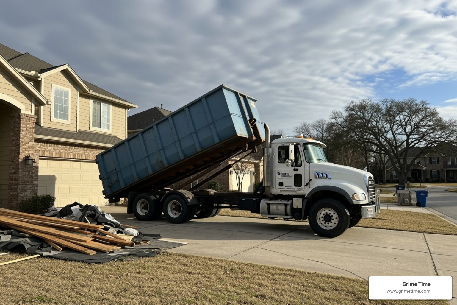 dumpster being delivered - demo container rental