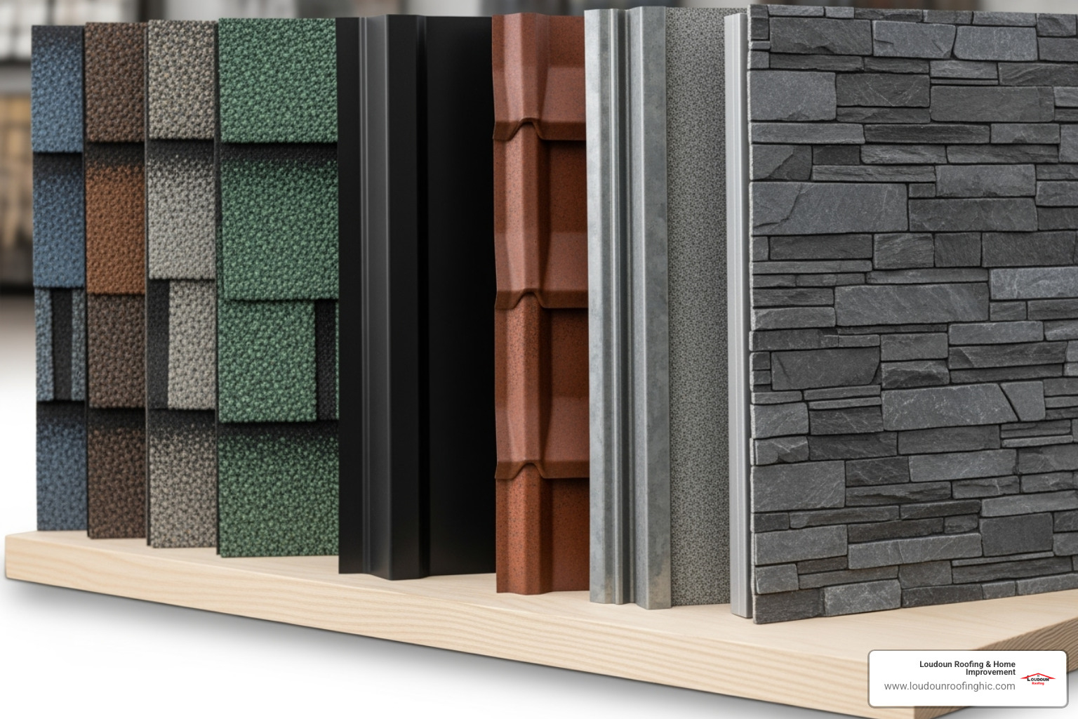 different roofing material samples like asphalt shingles and metal - residential roofing great falls va