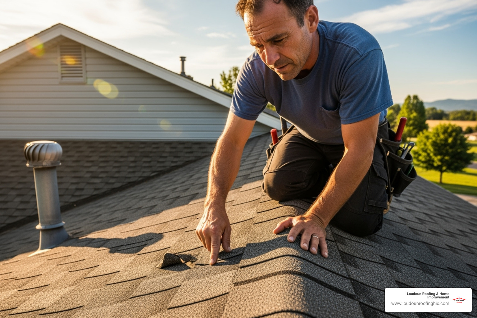roofer inspecting roof for damage - residential roofing great falls va
