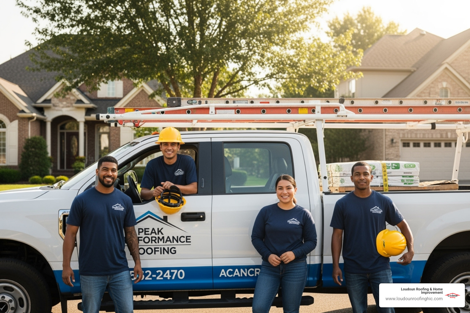 friendly professional roofing team with their truck - residential roofing great falls va