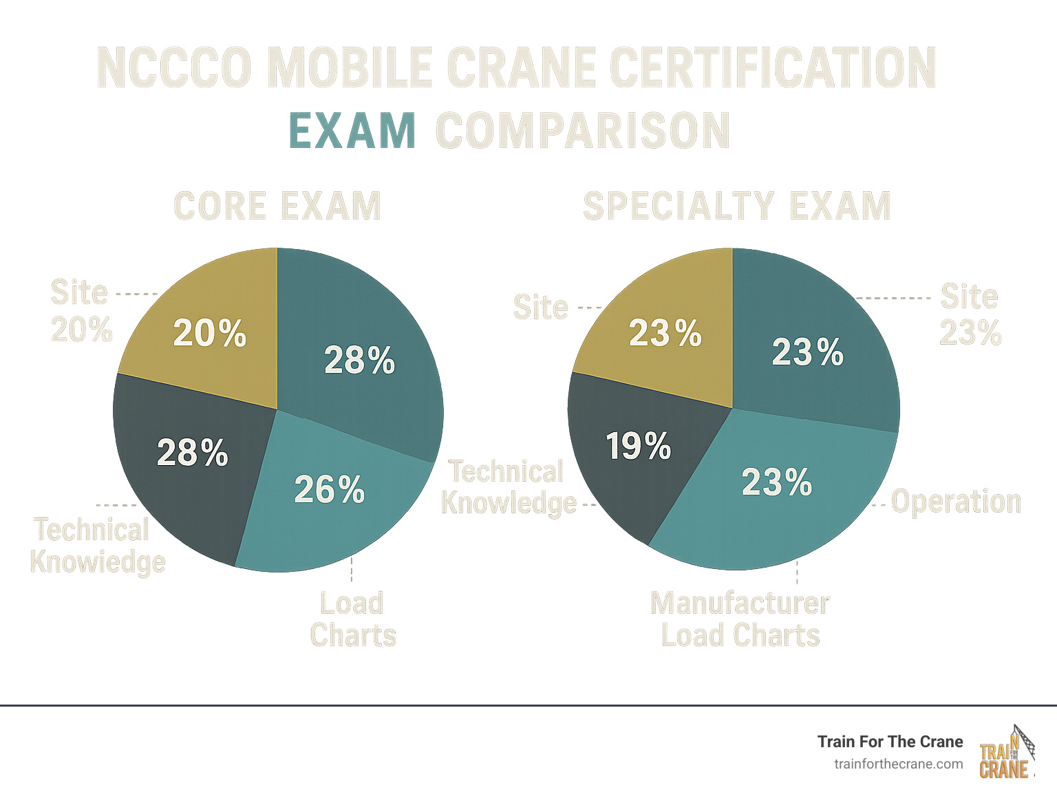 Infographic comparing the percentage breakdown of topics in the Core Exam vs. Specialty Exam for NCCCO Mobile Crane Certification. Core Exam: Site (20%), Operations (26%), Technical Knowledge (28%), Load Charts (26%). Specialty Exam: Site (23%), Operation (23%), Technical Knowledge (19%), Manufacturer Load Charts (35%). - nccco written exam infographic Infographic comparing the percentage breakdown of topics in the Core Exam vs. Specialty Exam for NCCCO Mobile Crane Certification. Core Exam: Site (20%), Operations (26%), Technical Knowledge (28%), Load Charts (26%). Specialty Exam: Site (23%), Operation (23%), Technical Knowledge (19%), Manufacturer Load Charts (35%). - nccco written exam infographic
