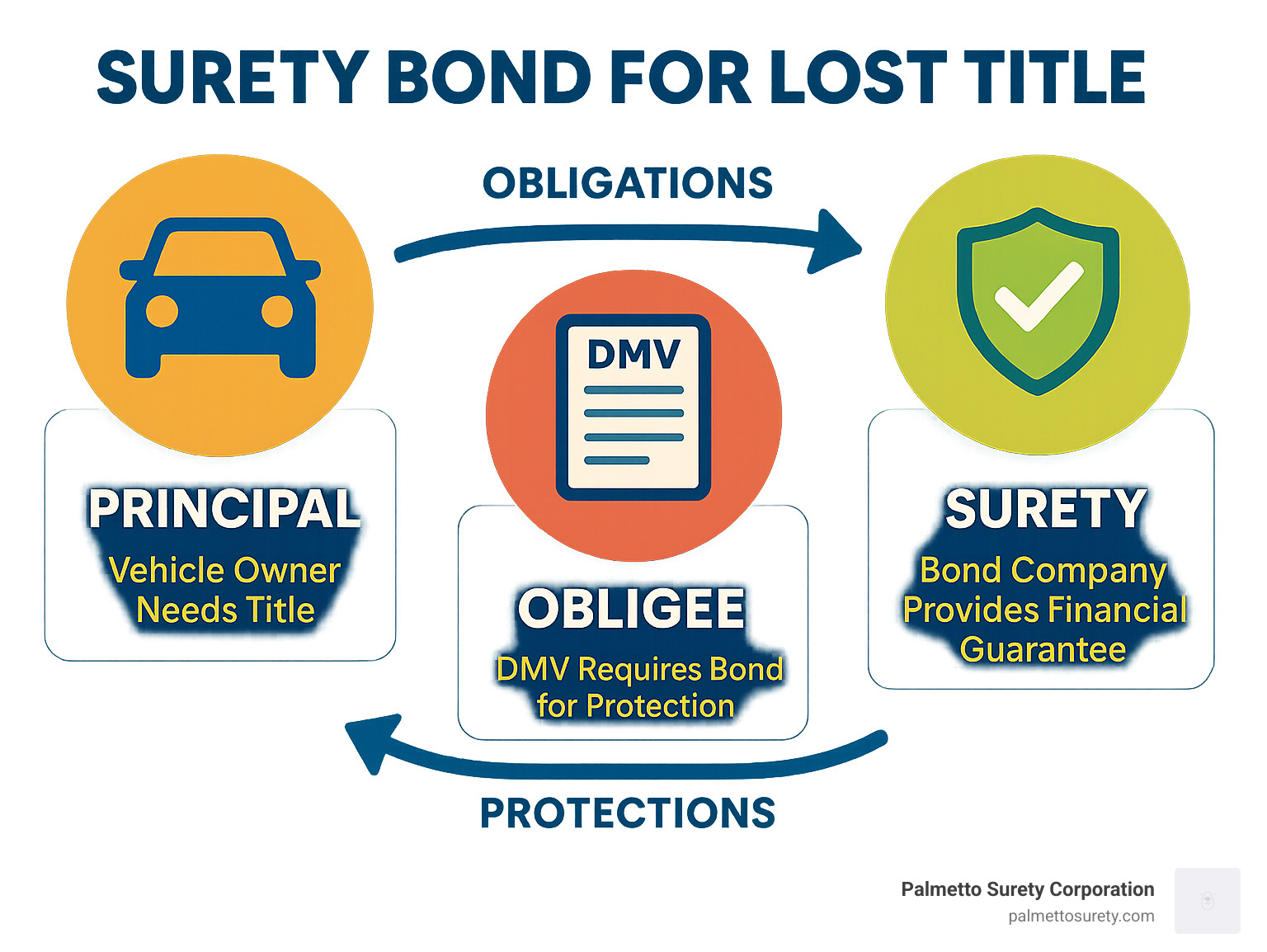 Infographic showing the three-party surety bond relationship: principal (vehicle owner) needs title, obligee (dmv) requires bond for protection, and surety (bond company) provides financial guarantee, with arrows showing the flow of obligations and protections between all parties - surety bond for lost title infographic