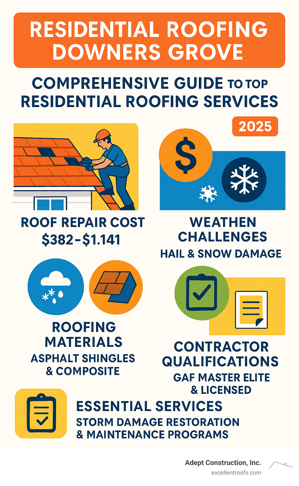 Comprehensive guide showing the top residential roofing services available in Downers Grove, including roof repair costs ranging from $382-$1,141, replacement costs of $7,923-$24,646, common weather challenges like hail and snow damage, popular roofing materials such as asphalt shingles and composite options, key contractor qualifications including GAF Master Elite certification and proper licensing, and essential services like storm damage restoration and maintenance programs - residential roofing downers grove infographic 