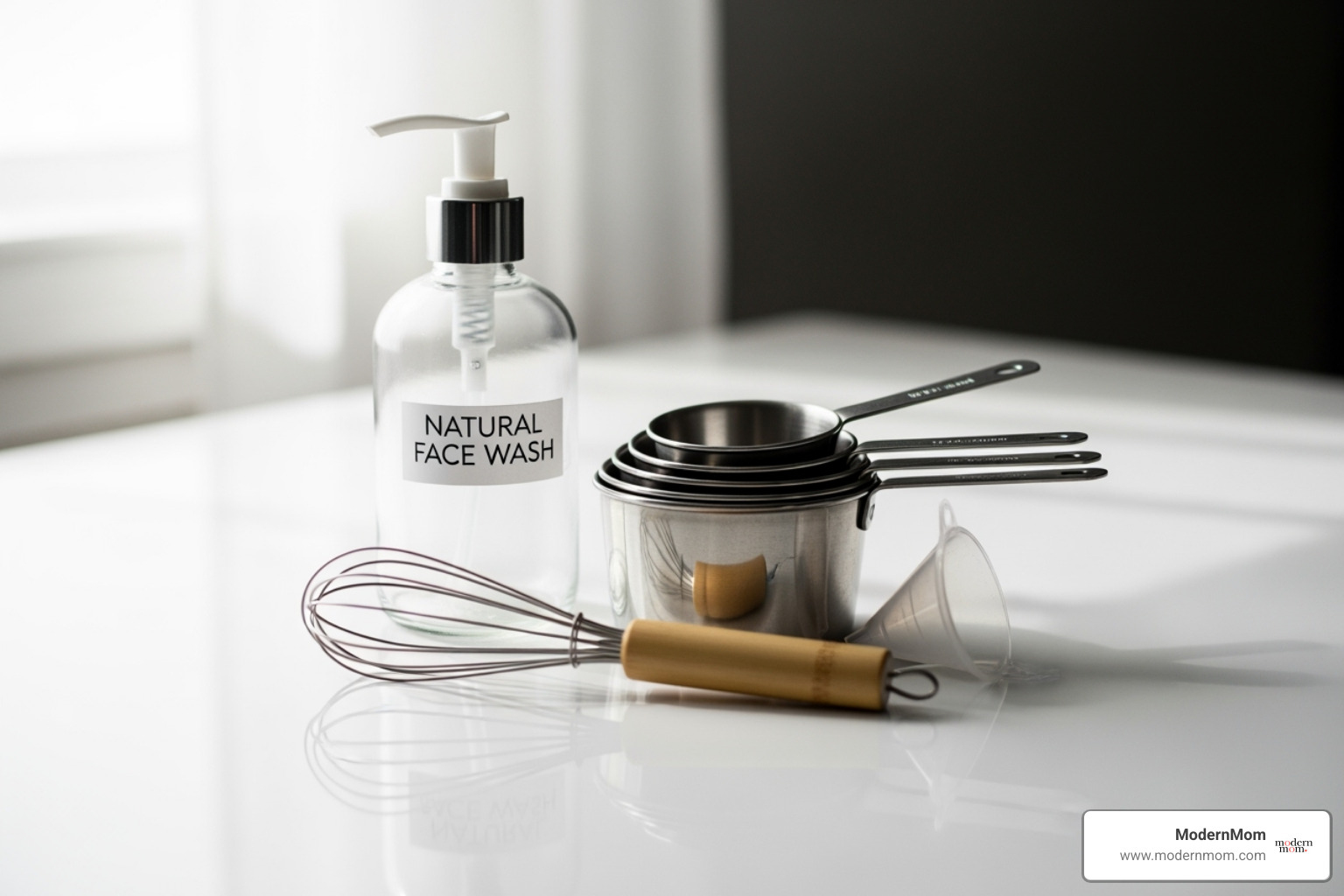 simple tools: a glass pump bottle, measuring cups, a small funnel, and a whisk - DIY natural face wash
