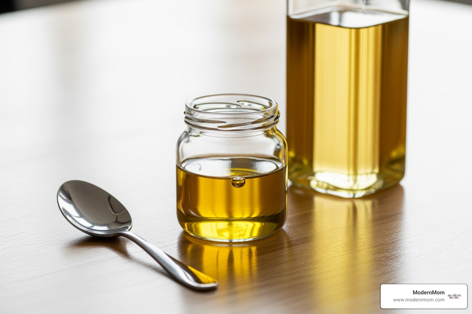 simple DIY setup with a small jar, a bottle of oil, and a spoon - eco friendly makeup remover