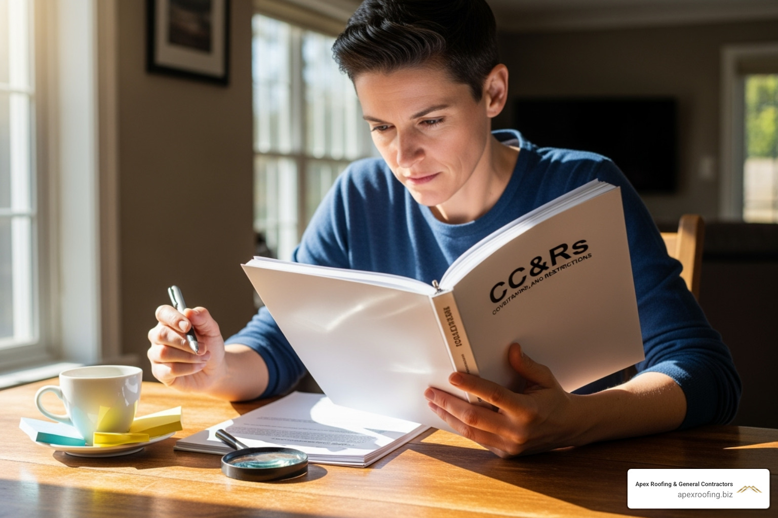 Person reviewing a document labeled "CC&Rs" - HOA roof replacement