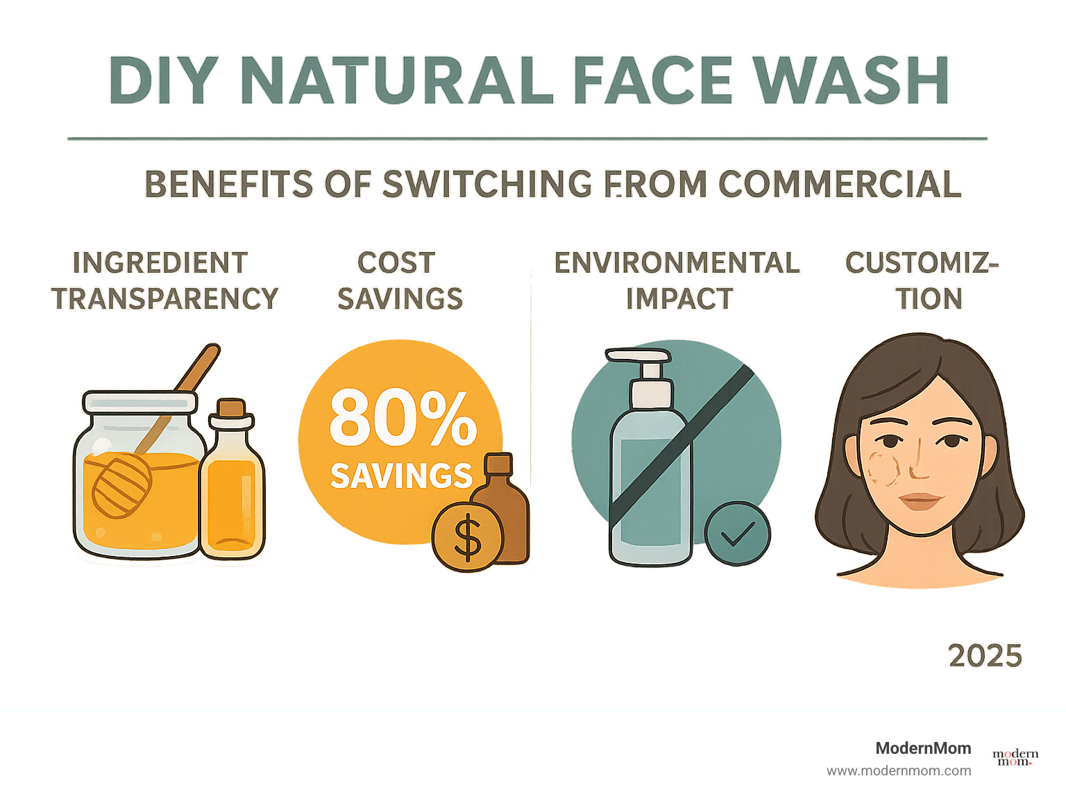 Infographic showing the step-by-step benefits of switching from commercial to DIY natural face wash, including ingredient transparency with icons of honey and oils, cost comparison showing 80% savings, environmental impact with reduced plastic bottles, and customization options for different skin types - DIY natural face wash infographic 