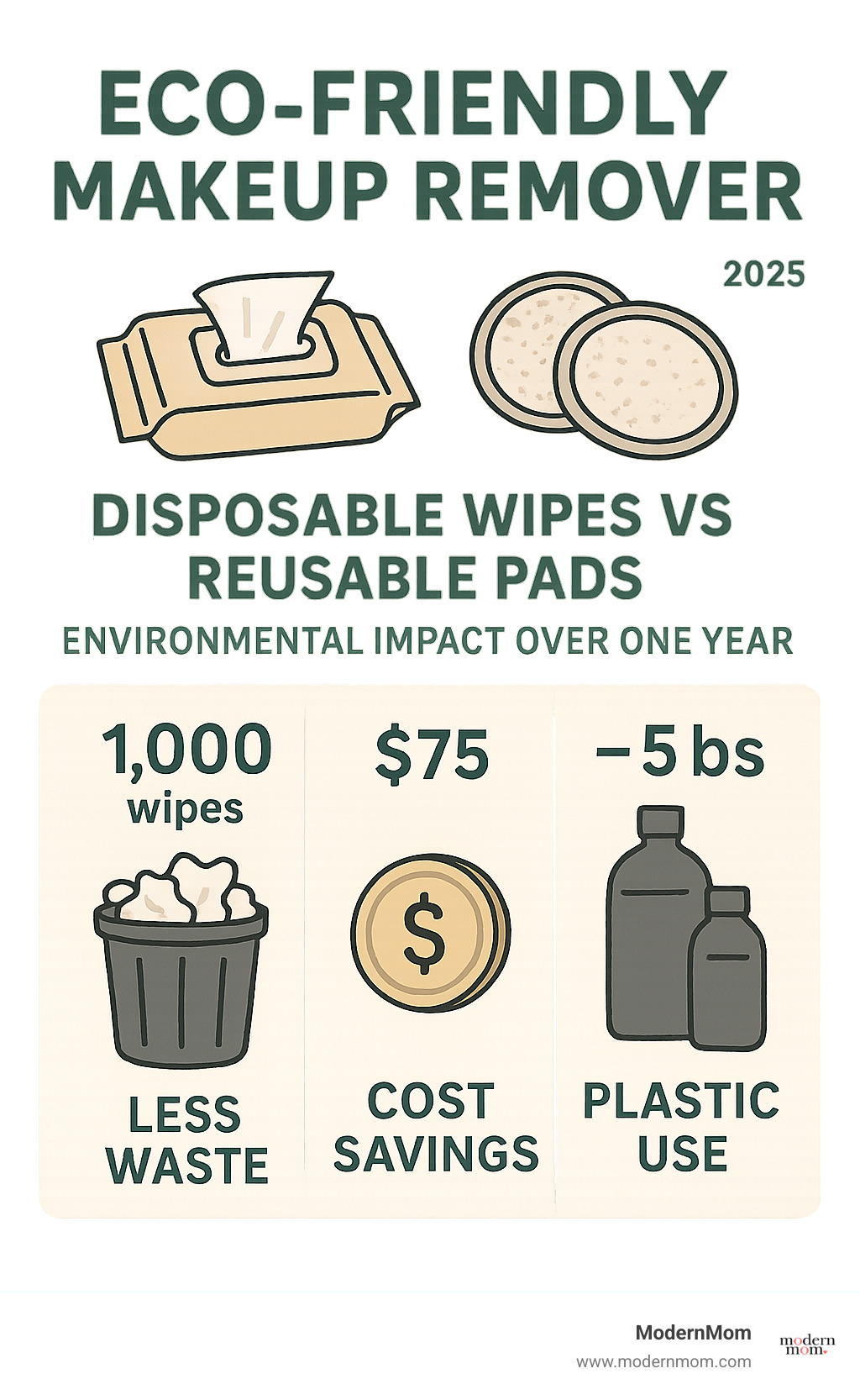 Infographic comparing environmental impact of disposable makeup wipes versus reusable makeup remover pads over one year, showing waste reduction, cost savings, and decreased plastic consumption - eco friendly makeup remover infographic 