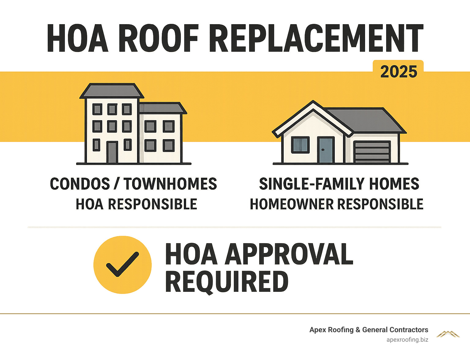 Infographic showing HOA roof replacement responsibility breakdown: Condos and townhomes typically fall under HOA responsibility as common elements, while single-family homes within HOAs are usually homeowner responsibility, with all scenarios requiring HOA approval regardless of who pays - HOA roof replacement infographic 
