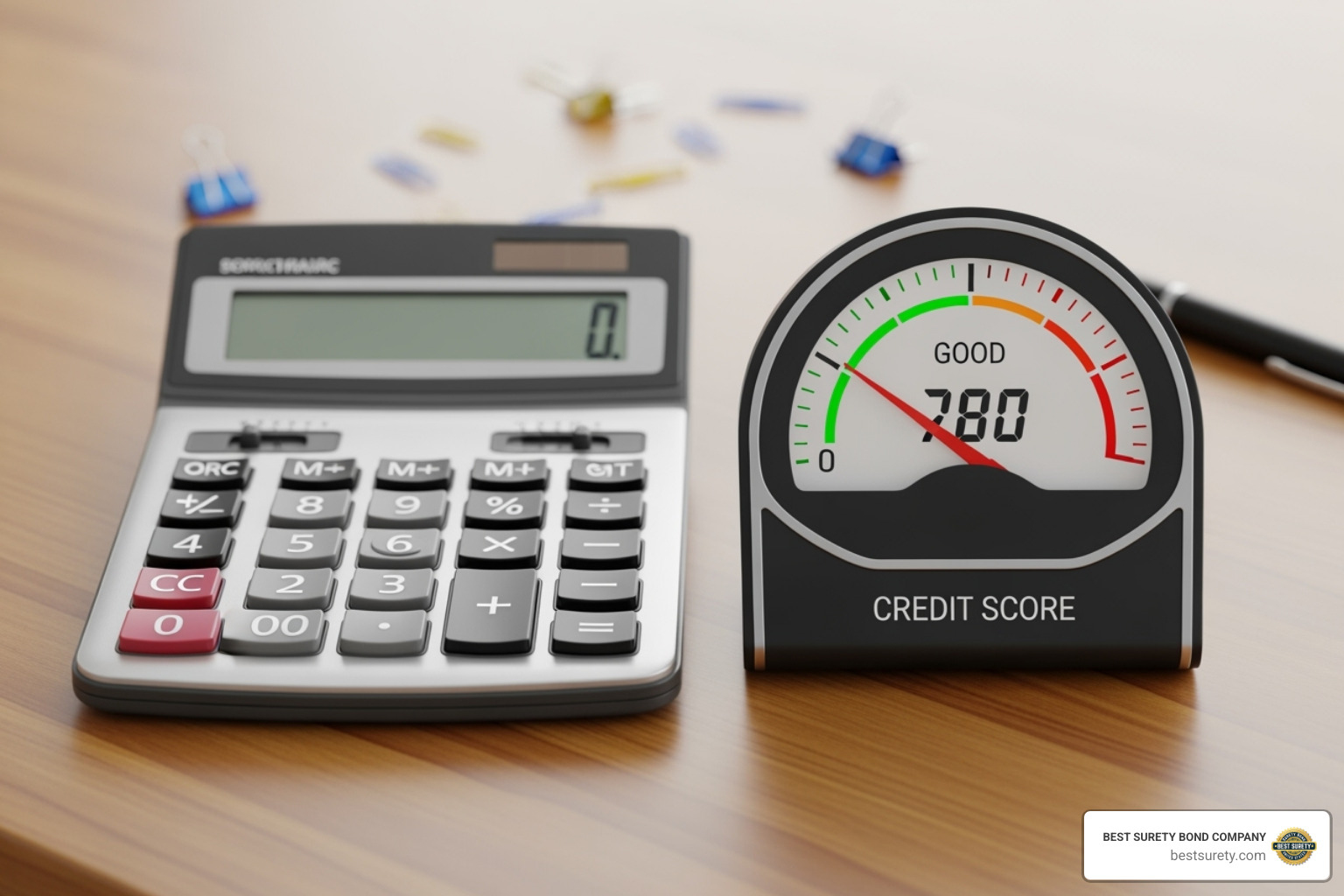 Image of a calculator and a credit score meter - surety bond nationwide