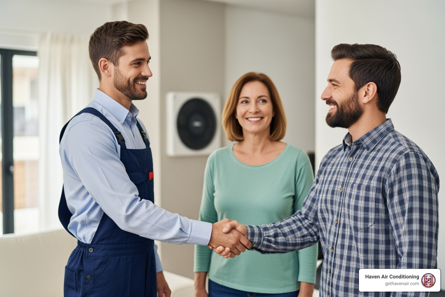 friendly, uniformed technician shaking hands with a smiling homeowner - Expert HVAC services