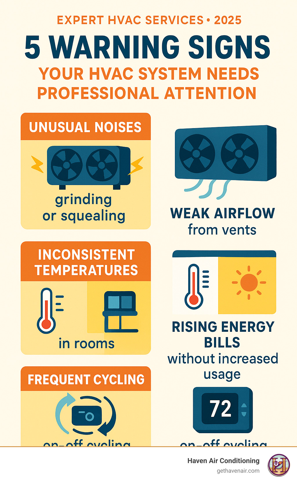 Infographic showing 5 warning signs your HVAC system needs professional attention: unusual noises like grinding or squealing, weak airflow from vents, inconsistent room temperatures, rising energy bills without increased usage, and frequent on-off cycling - Expert HVAC services infographic 