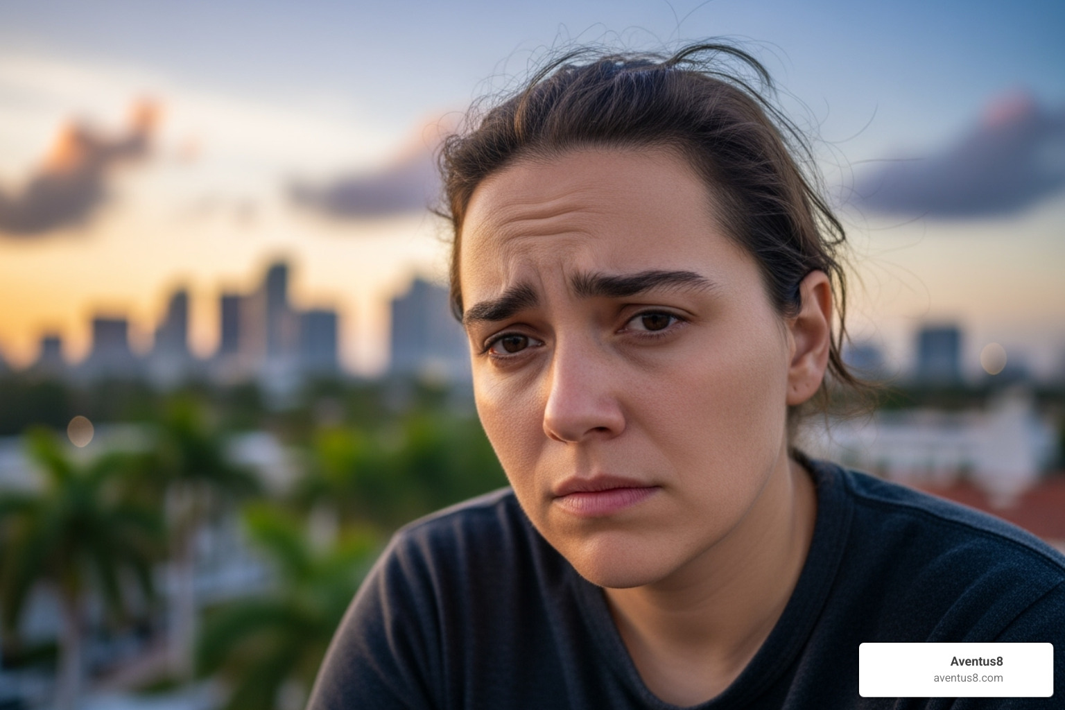 of a person looking pensive or concerned, with a blurred Hollywood, FL city background - THC vape for anxiety