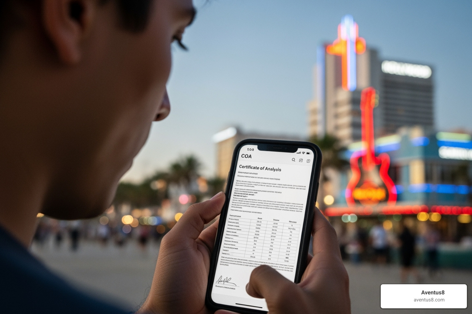 of a person viewing a Certificate of Analysis (COA) on a smartphone, with a Hollywood, FL landmark in the background - THC vape for anxiety