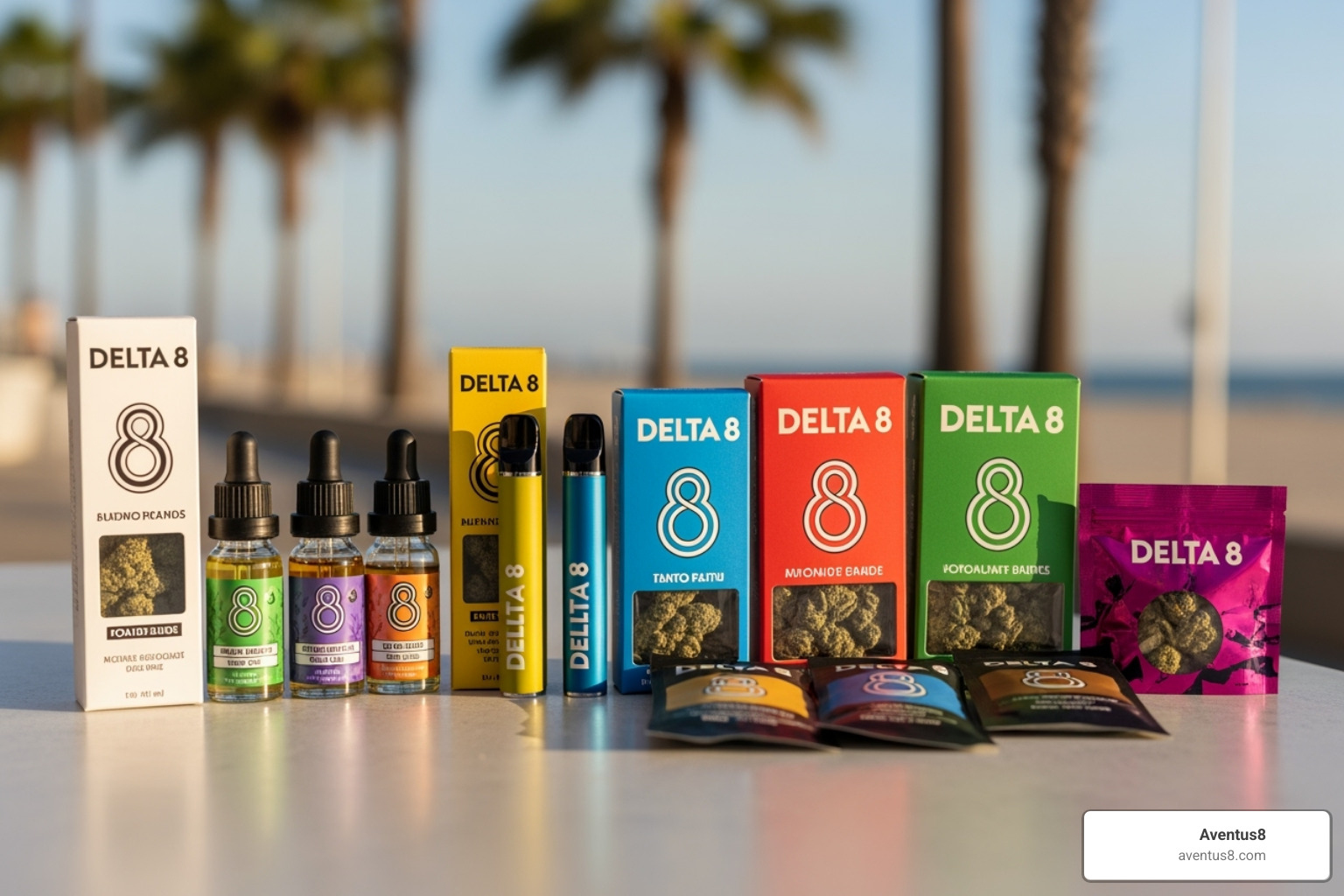 Aventus8's Delta 8 product line in a professional layout with a Hollywood, FL theme - Delta 8 THC effects