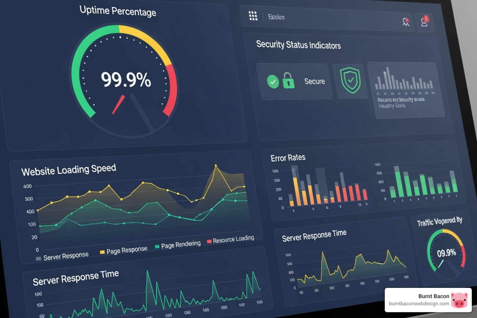 A dashboard showing website health metrics like uptime, speed, and security status - Ongoing Shopify support A dashboard showing website health metrics like uptime, speed, and security status - Ongoing Shopify support