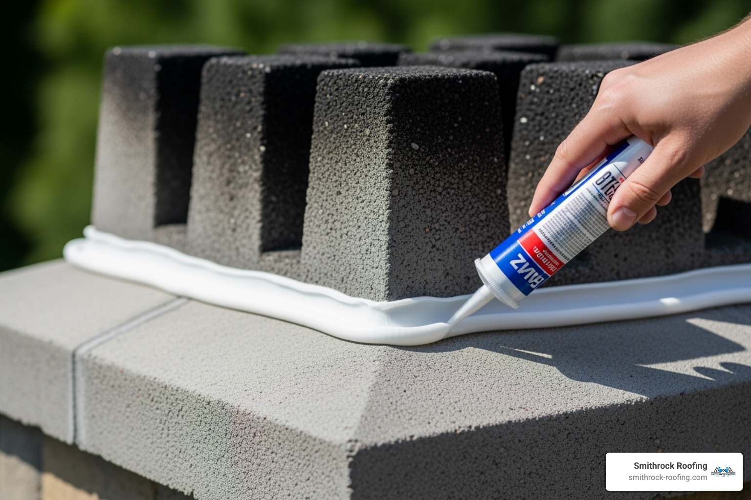 Image showing a bead of silicone caulk being applied to a chimney crown before placing a multi-flue cap. - fireplace cap installation