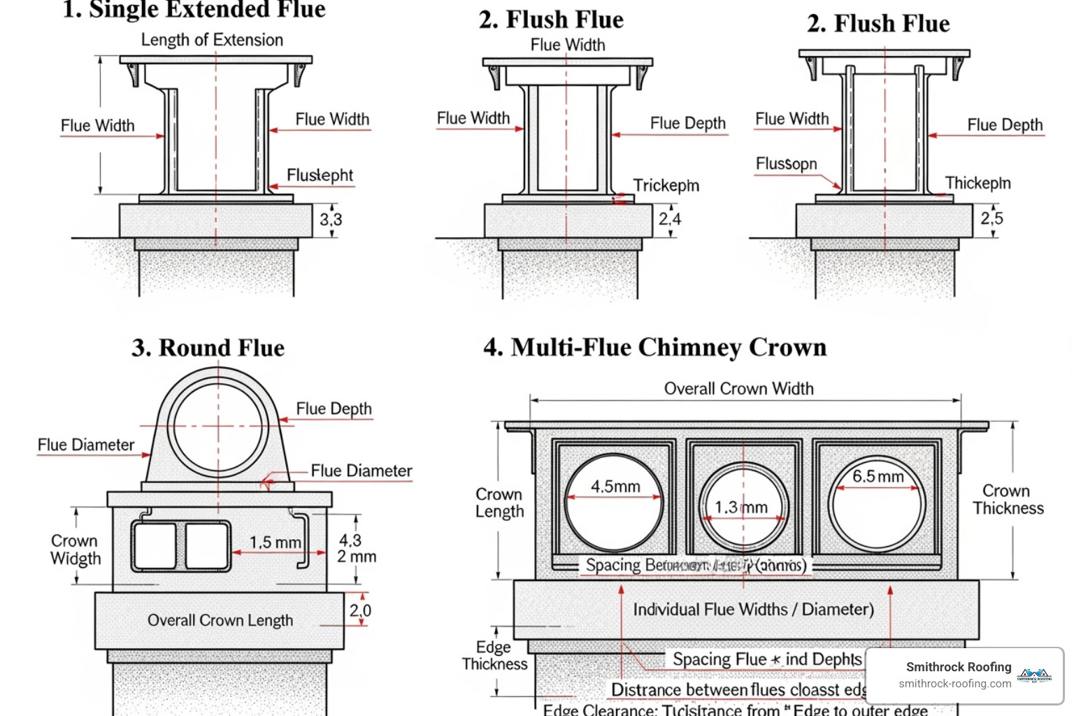 Image with diagrams showing how to measure a single extended flue, a flush flue, a round flue, and a multi-flue chimney crown. - fireplace cap installation