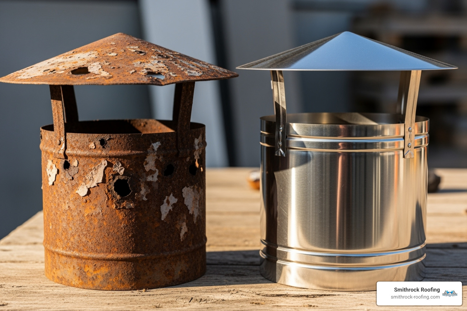 heavily rusted and damaged chimney cap next to a new one - cap for fireplace