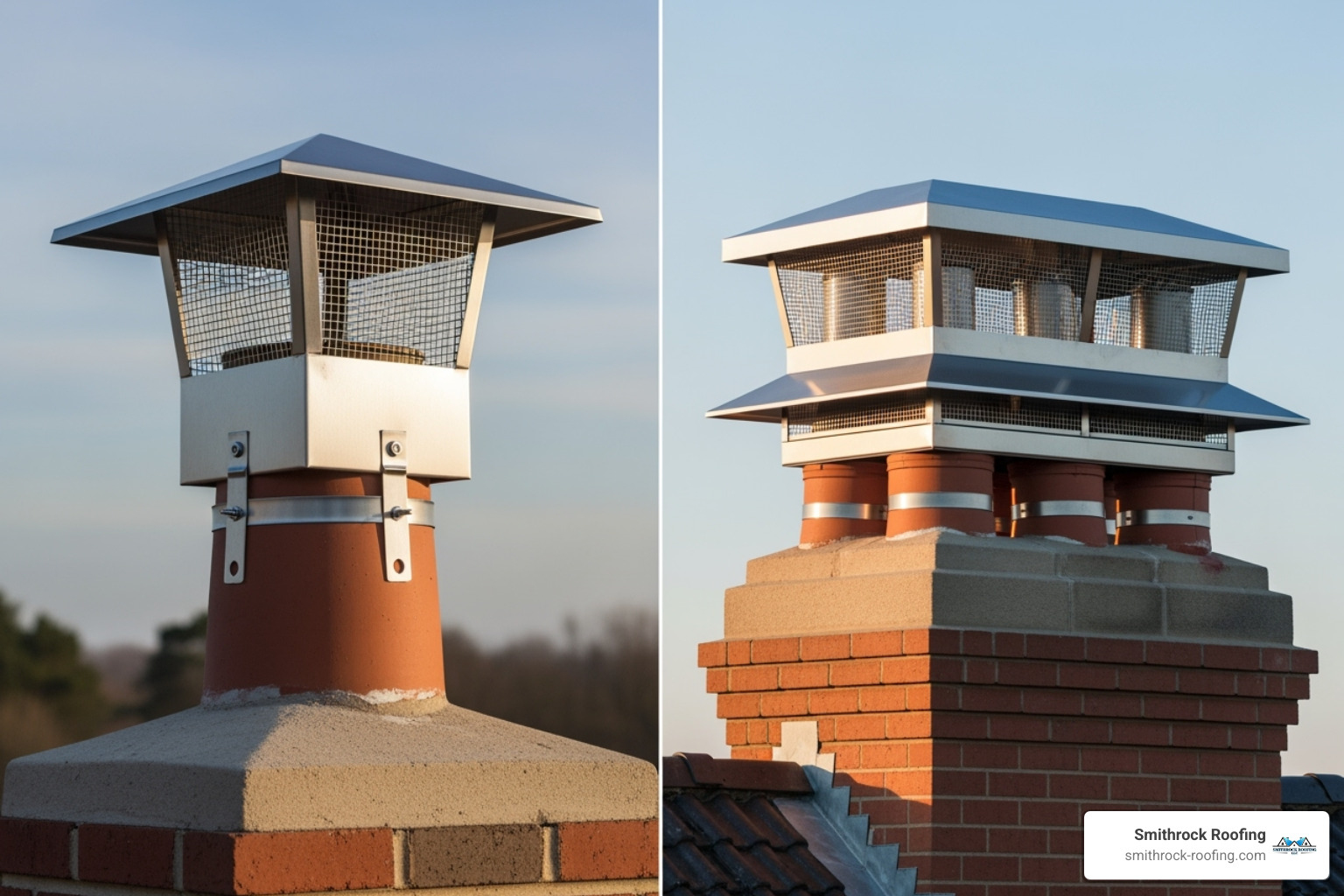 comparing a single-flue cap on one tile vs. a multi-flue cap covering the entire chimney crown - cap for fireplace