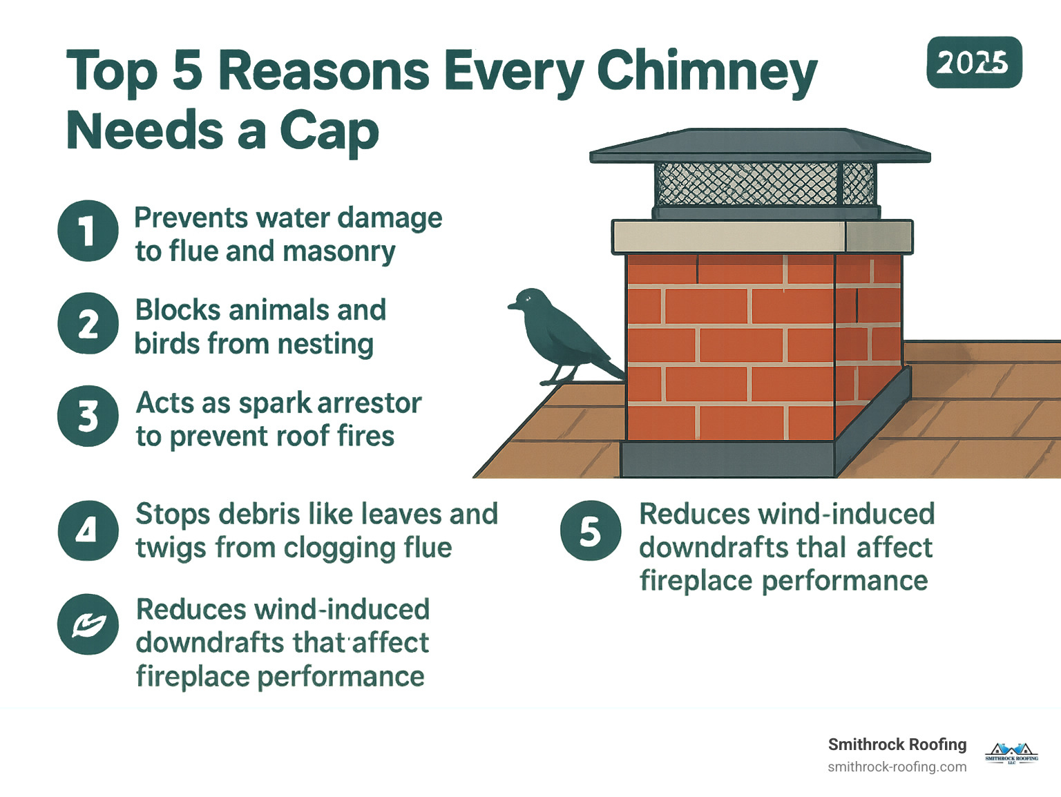 Infographic showing the top 5 reasons every chimney needs a cap: 1. Prevents water damage to flue and masonry, 2. Blocks animals and birds from nesting, 3. Acts as spark arrestor to prevent roof fires, 4. Stops debris like leaves and twigs from clogging flue, 5. Reduces wind-induced downdrafts that affect fireplace performance - cap for fireplace infographic 