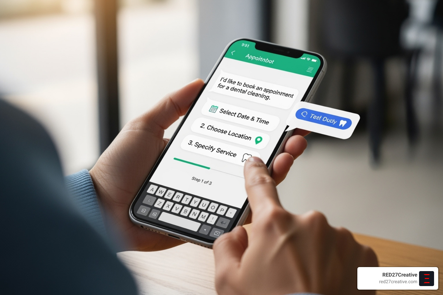 User interacting with a well-designed appointment booking chatbot on a mobile phone, showing clear options and progress indicators - Chatbot user experience design User interacting with a well-designed appointment booking chatbot on a mobile phone, showing clear options and progress indicators - Chatbot user experience design