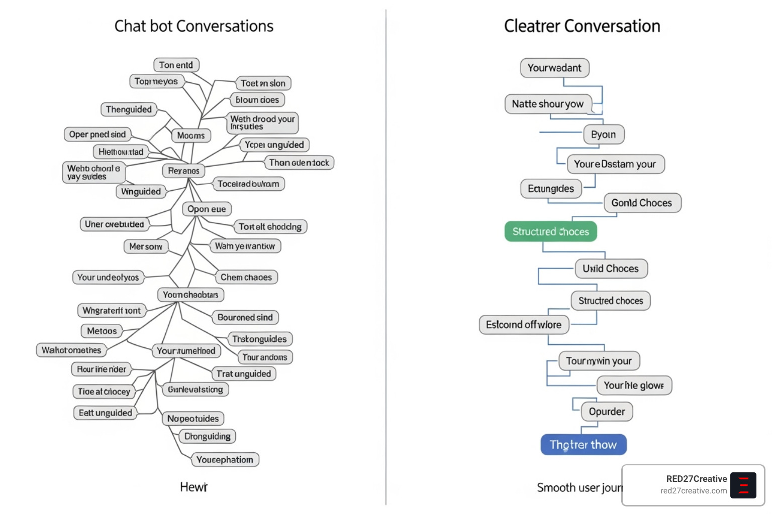 Illustration showing the difference between a confusing, open-ended chatbot conversation flow and a clear, guided one using buttons and structured choices - Chatbot user experience design Illustration showing the difference between a confusing, open-ended chatbot conversation flow and a clear, guided one using buttons and structured choices - Chatbot user experience design