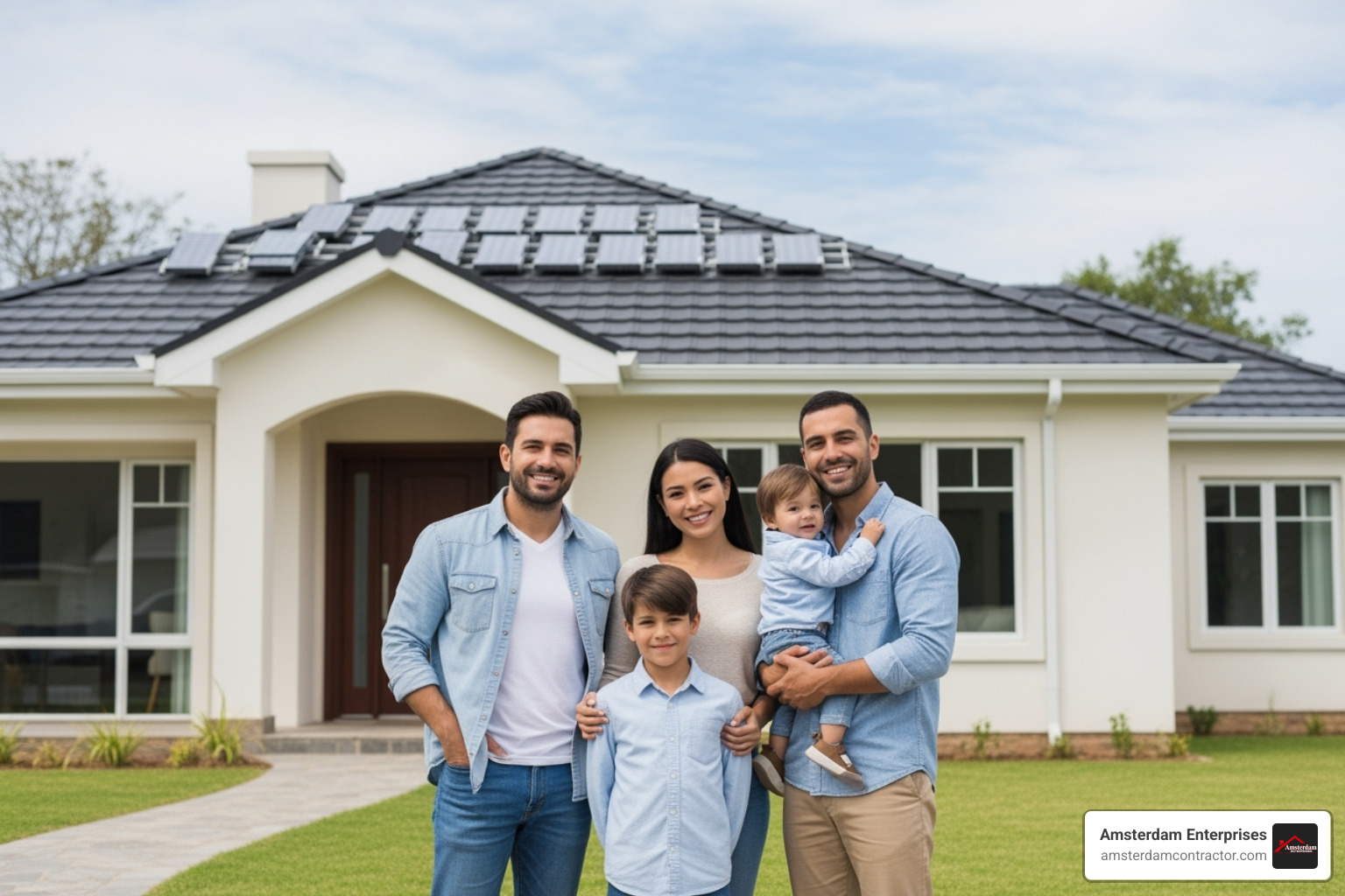 Happy family standing in front of their home with a new roof - Trusted roofing company