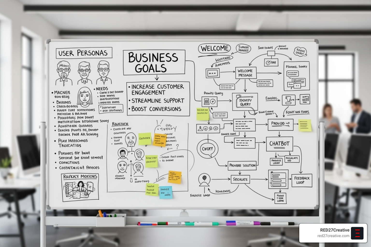 Whiteboard with a chatbot strategy session, showing user personas and goals - Chatbot user experience design Whiteboard with a chatbot strategy session, showing user personas and goals - Chatbot user experience design