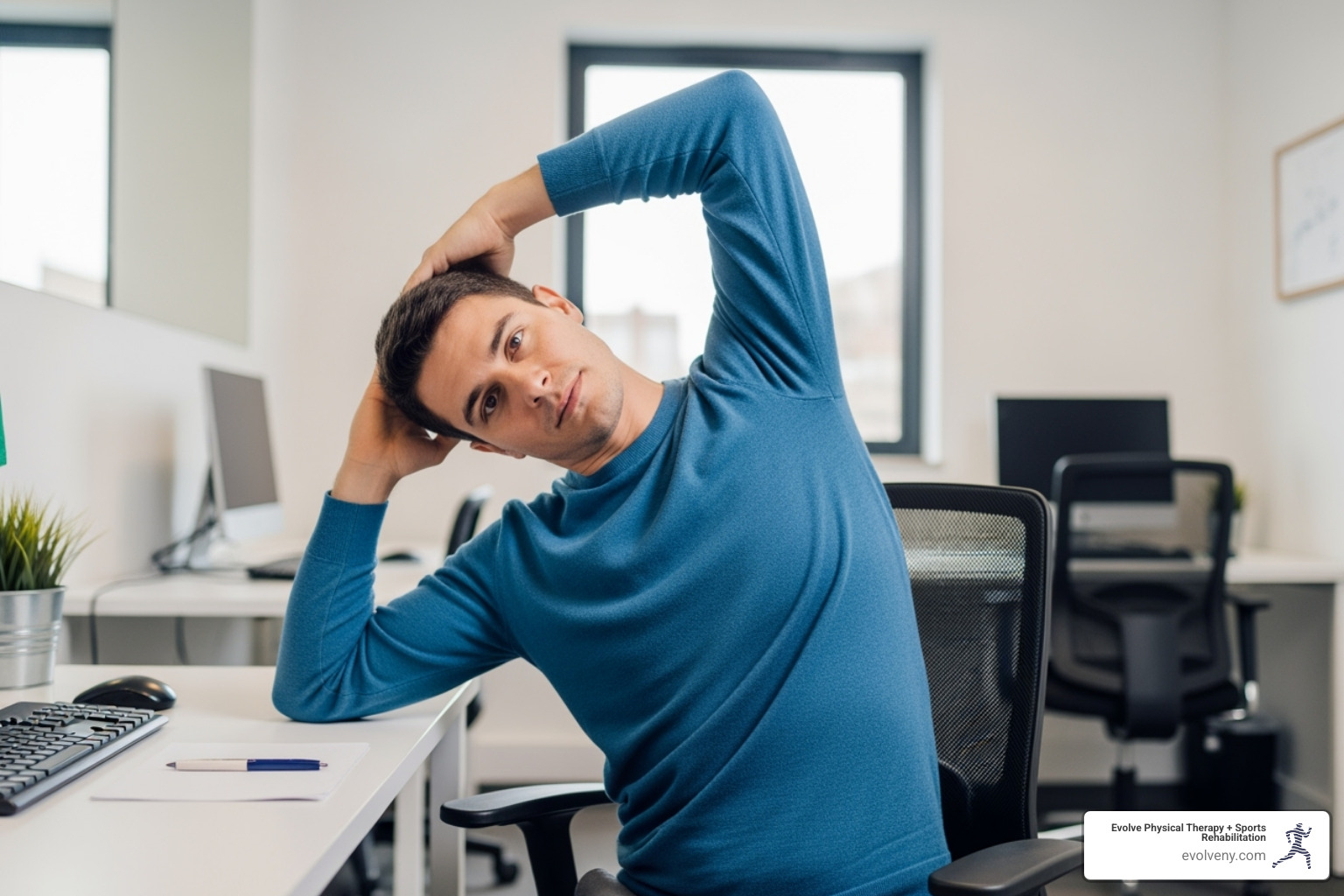 Image illustrating simple desk stretches for the neck, shoulders, and wrists - best posture for computer work