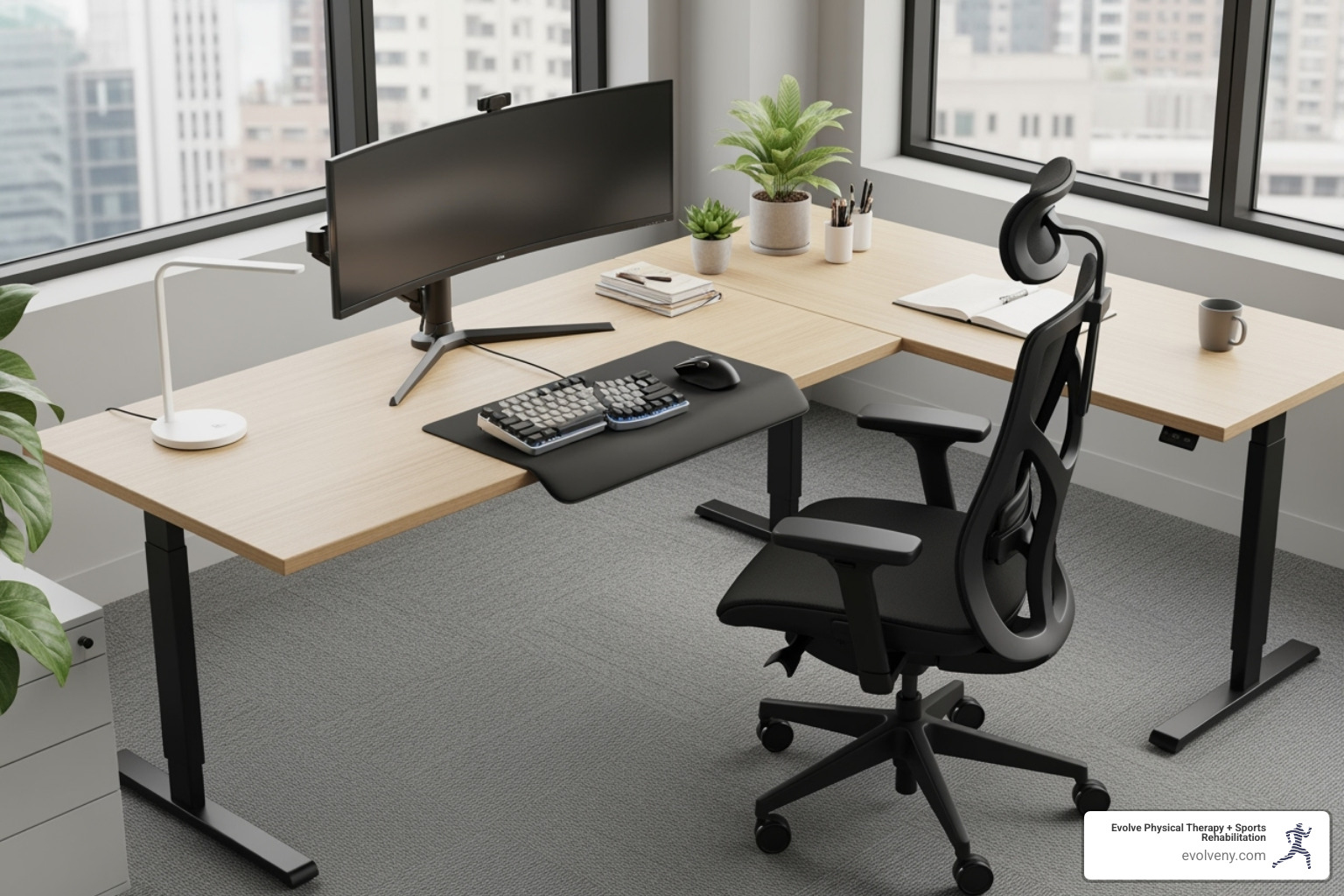 A perfectly arranged ergonomic desk setup including monitor, keyboard, mouse, and chair - best posture for computer work
