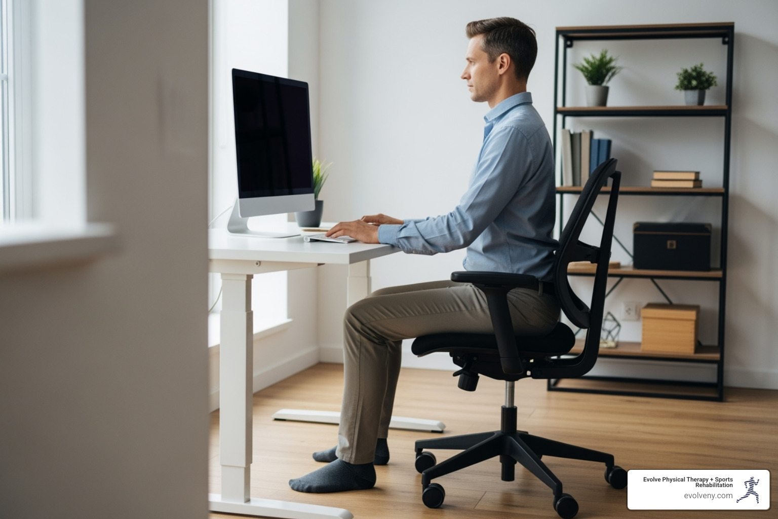 Image of a person demonstrating correct sitting posture with angles highlighted - best posture for computer work