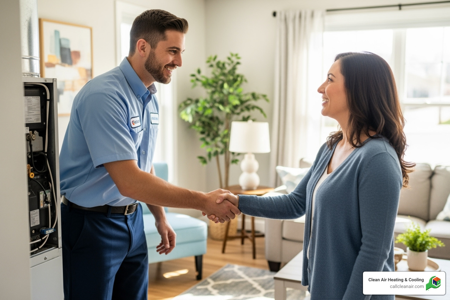 Friendly technician shaking hands with happy homeowner - ac repair mount vernon