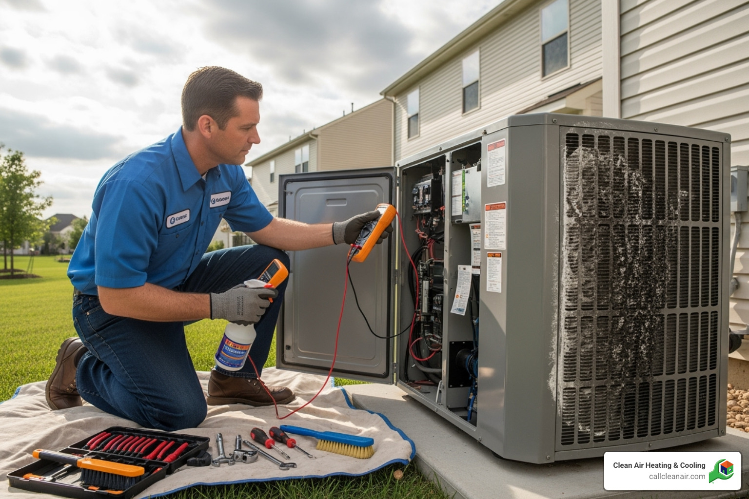 Technician performing a seasonal AC tune-up on an outdoor unit - ac repair mount vernon
