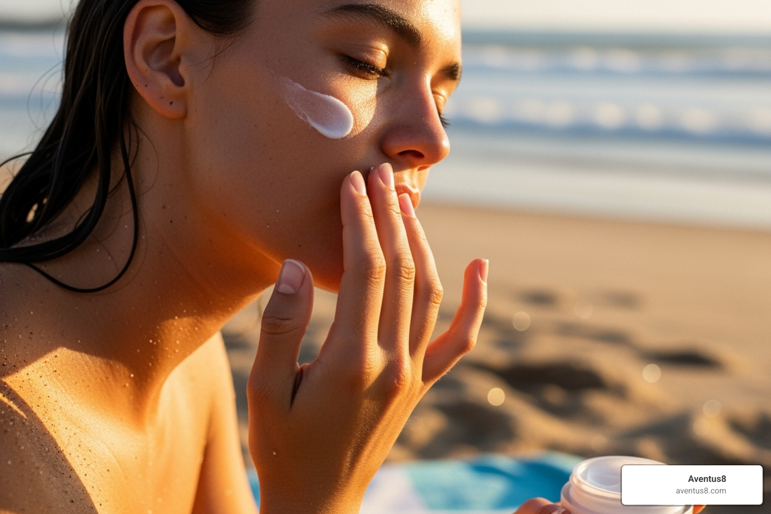 A person applying Aventus8 CBD face cream after a day in the sun - CBD skincare products online