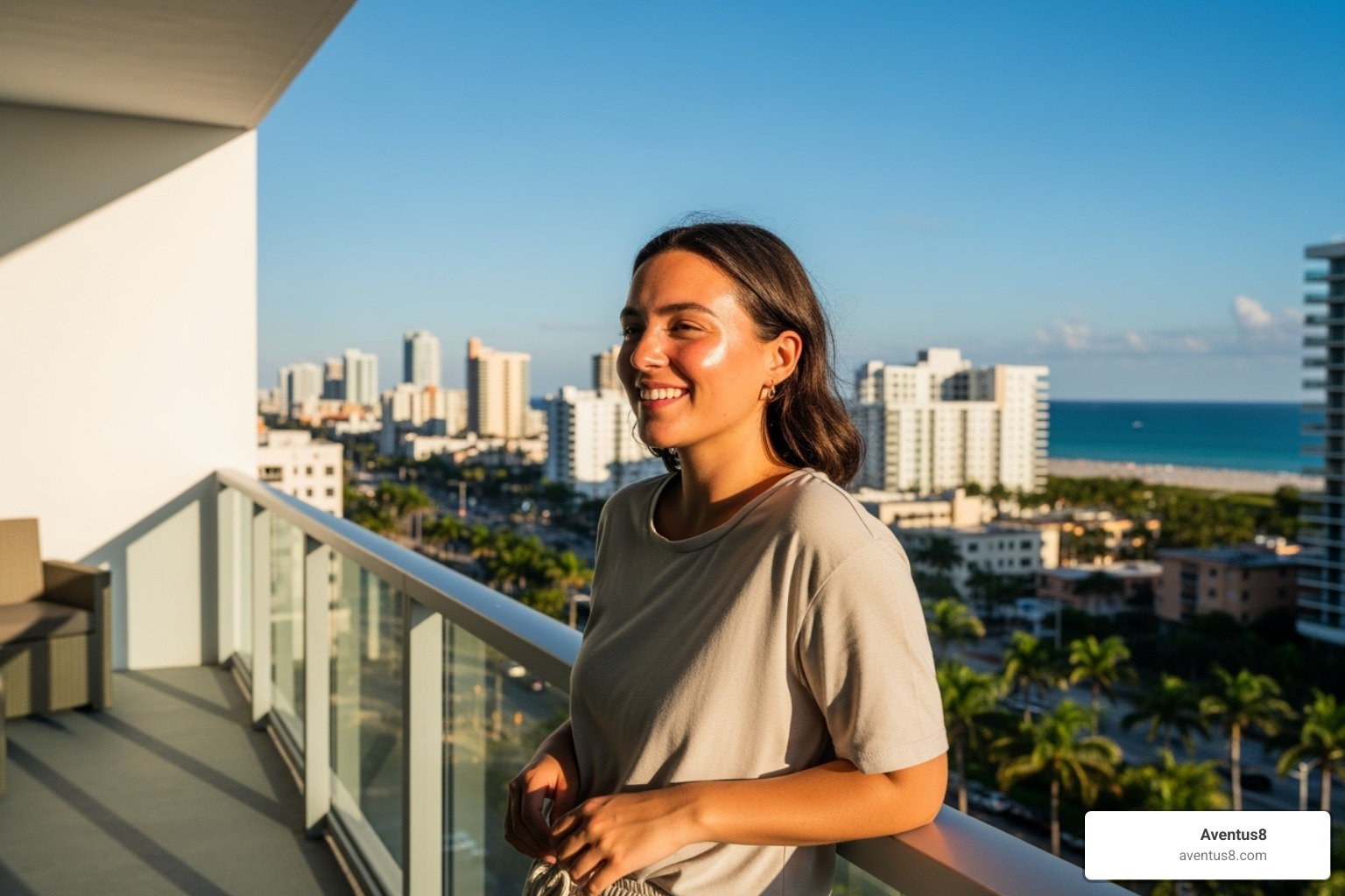 Happy person with glowing skin on a Hollywood, FL balcony - CBD skincare products online
