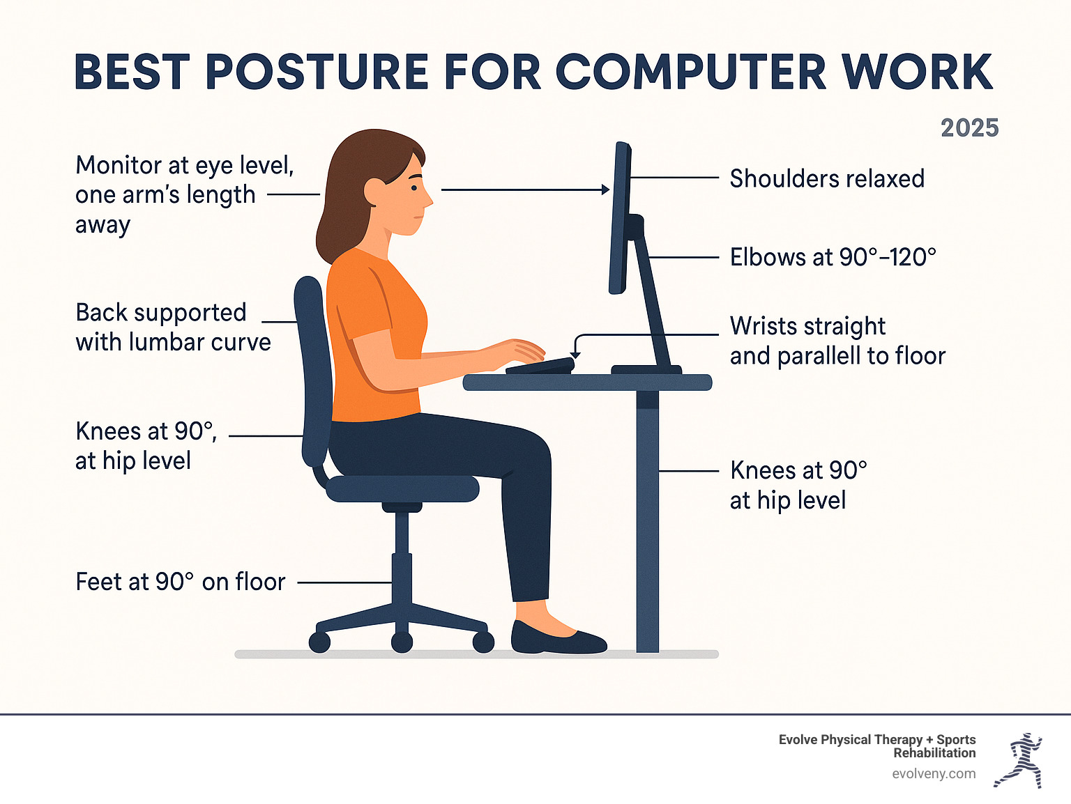 Infographic showing proper computer workstation setup with labeled angles for feet at 90 degrees on floor, knees at 90 degrees and at hip level, back supported with lumbar curve, shoulders relaxed, elbows at 90-120 degrees, wrists straight and parallel to floor, and monitor at eye level one arm's length away - best posture for computer work infographic 