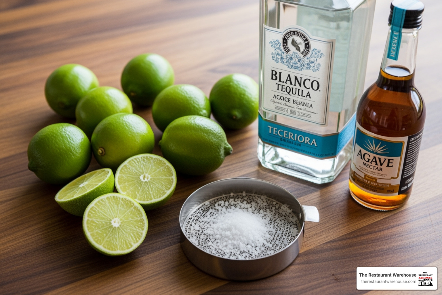 fresh ingredients: limes, a bottle of blanco tequila, agave nectar, and a salt rimmer - frozen machine for margaritas