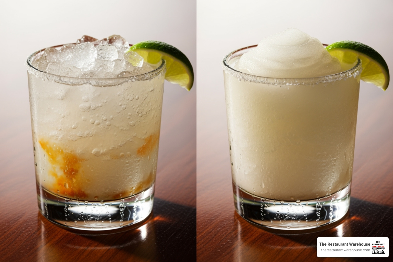 side-by-side comparison: a chunky, separated blender margarita next to a smooth, uniform machine-made margarita - frozen machine for margaritas