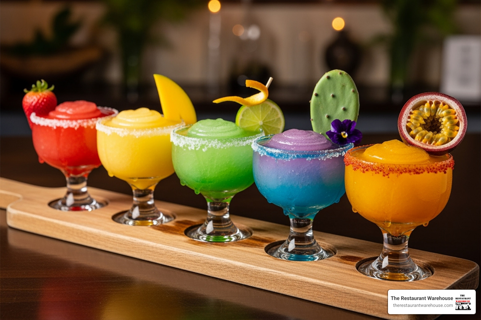 flight of colorful frozen margaritas in different flavors - frozen machine for margaritas