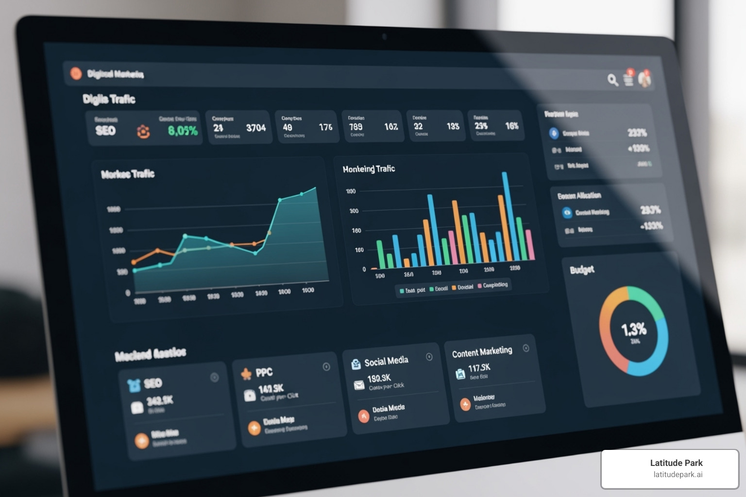 digital marketing dashboard displaying channels like SEO, PPC, and Social Media - franchise digital marketing services