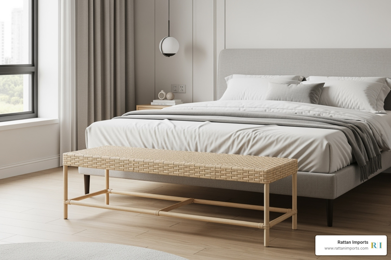 Minimalist backless rattan bench in a modern bedroom - rattan bench for bedroom