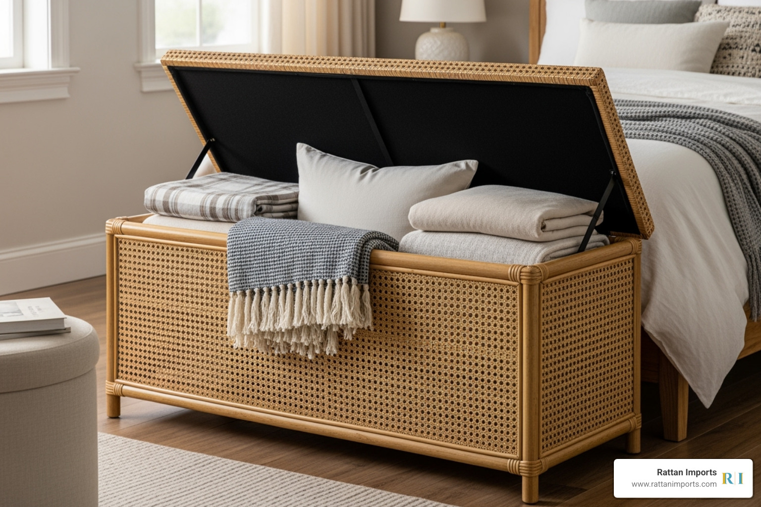 Rattan storage bench with the lid open, showing blankets inside - rattan bench for bedroom