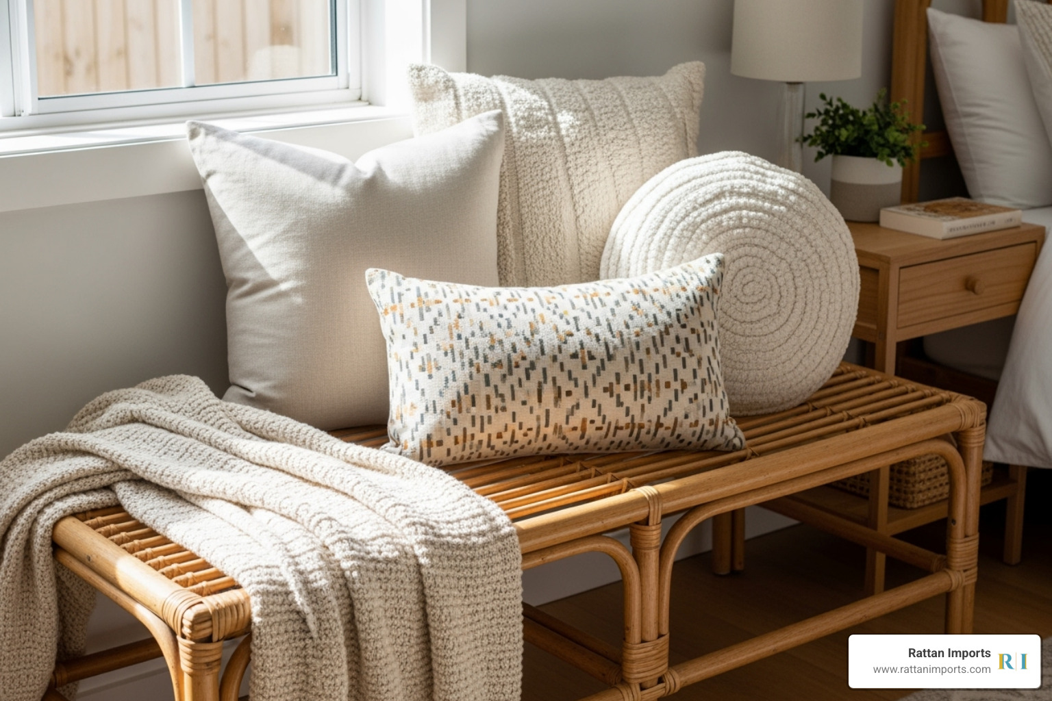 Styling a rattan bench in a bedroom with a throw blanket and pillows - rattan bench for bedroom