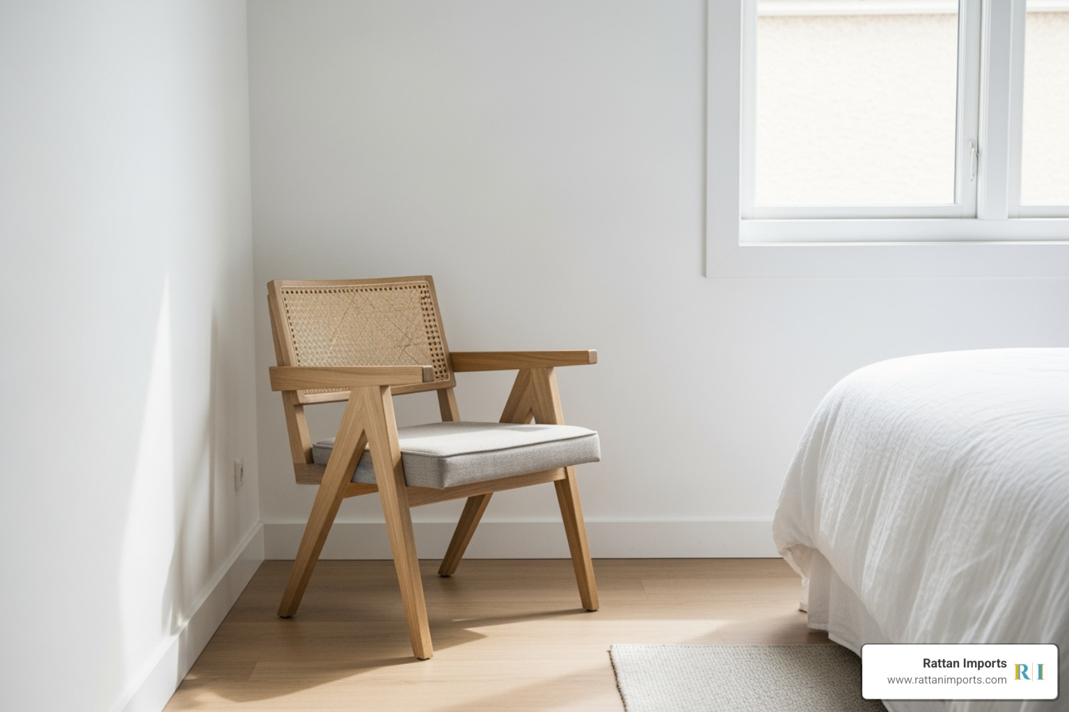 cane chair with a solid wood frame, clean lines, and an upholstered seat in a minimalist bedroom - cane bedroom chair
